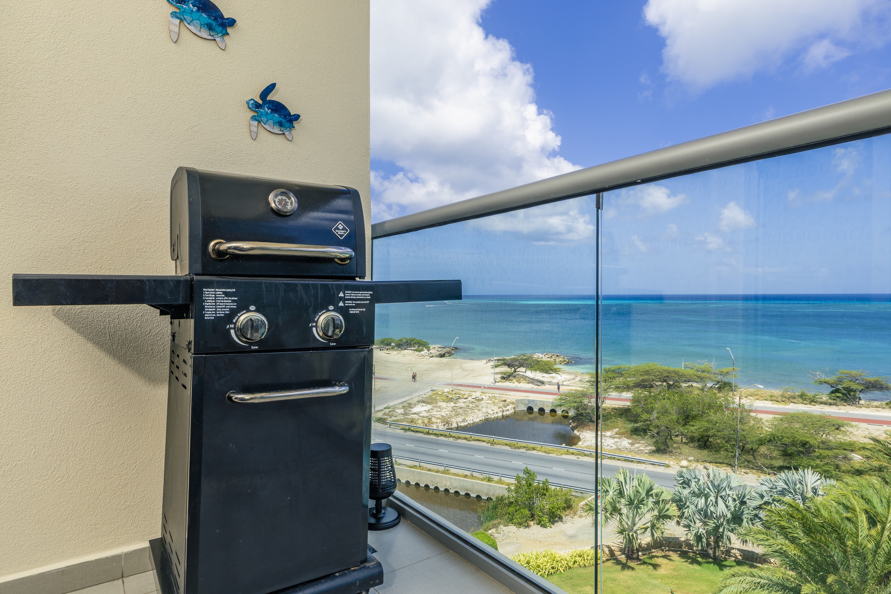 Balcony view over Eagle Beach's coastline and the Caribbean sea