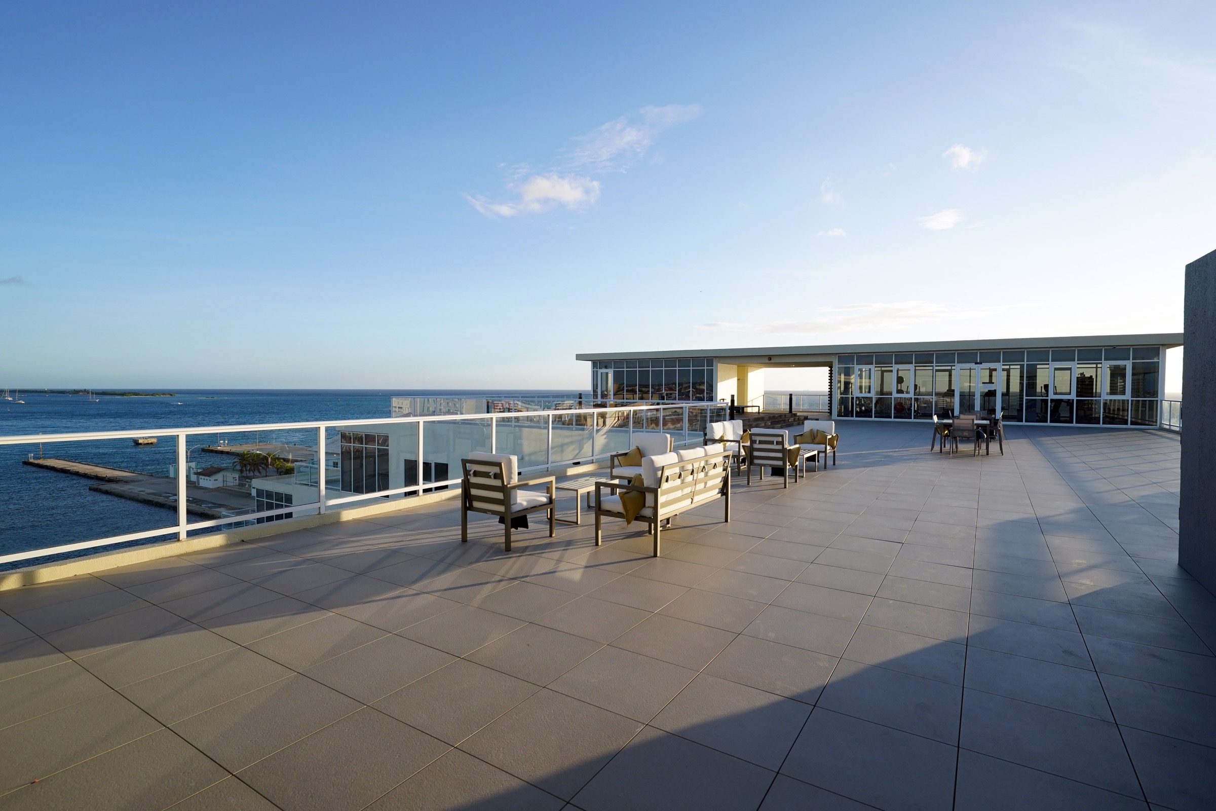 Rooftop terrace at Harbour House facing the ocean horizon