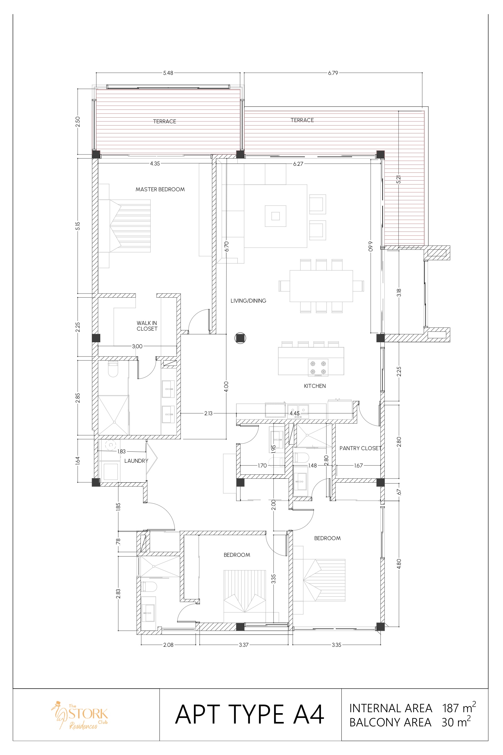 Stork Club apartment type A4 floor plan, three bedrooms, 188 m² internal area, 30 m² across two terraces