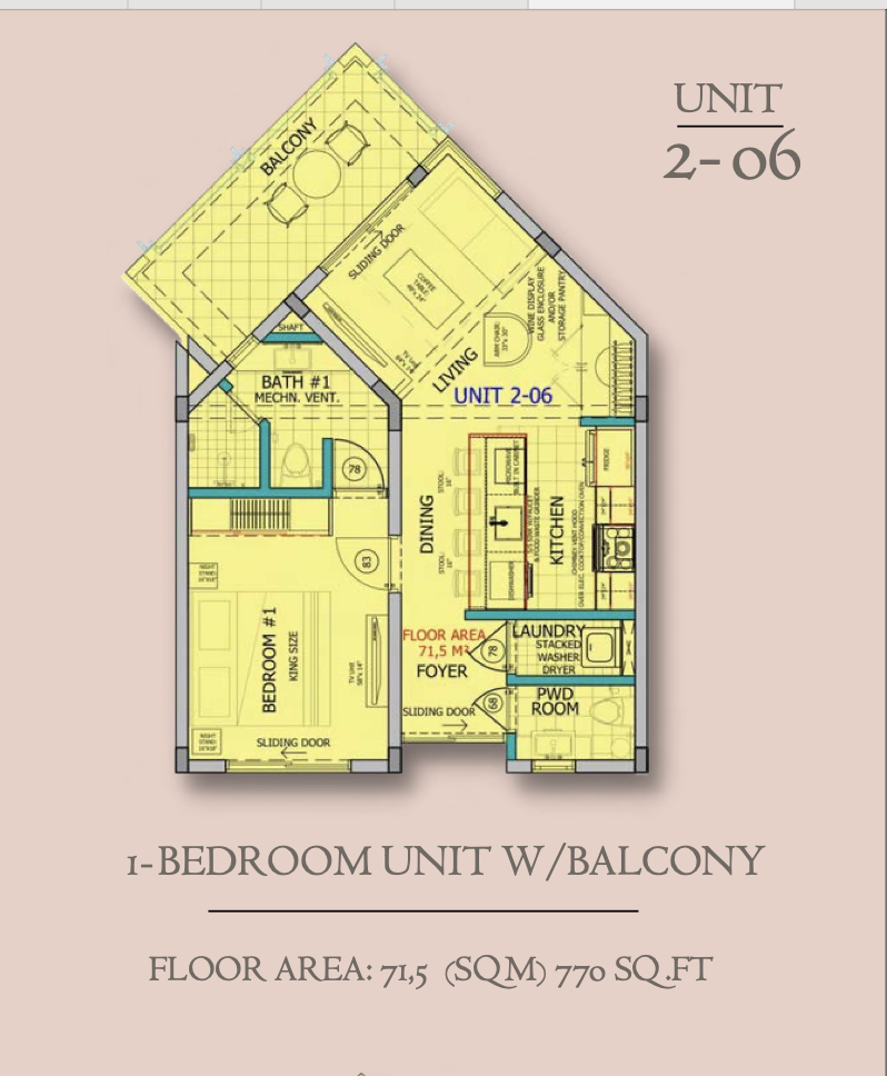 Walishali unit 2-06 floor plan, one bedroom with balcony, 71.5 sqm / 770 sq ft